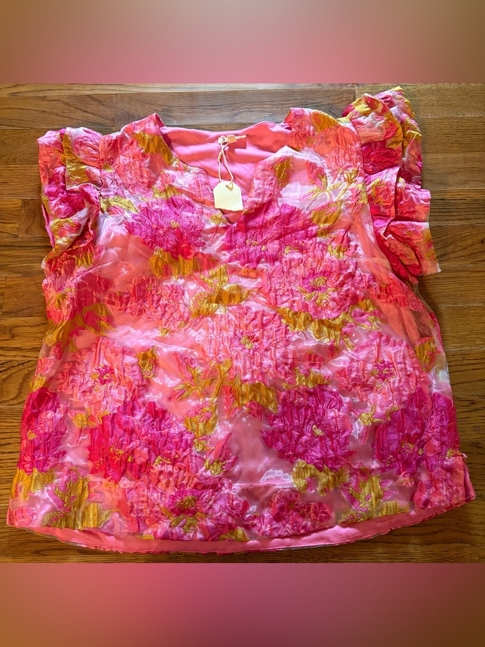 Jodifl Floral Organza Pink Ruffle Sleeve Top Size Medium, NWT